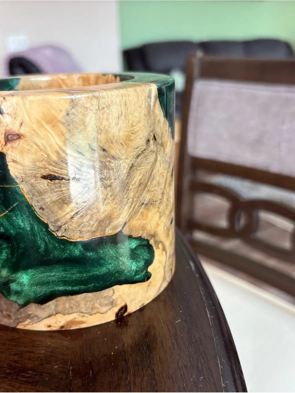 Handcrafted Wood and Emerald Resin Decorative Vase - Green Accent